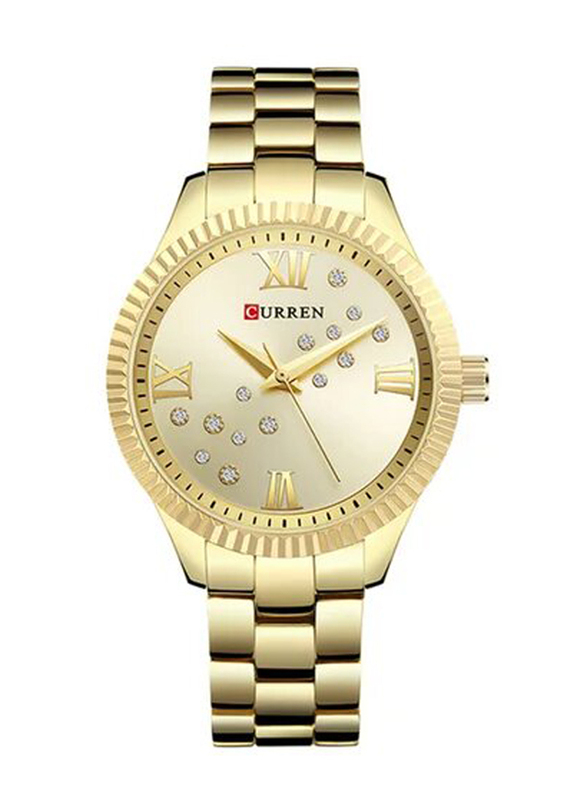 Curren Analog Watch for Women with Stainless Steel Band, Water Resistant, 9009, Gold-Yellow