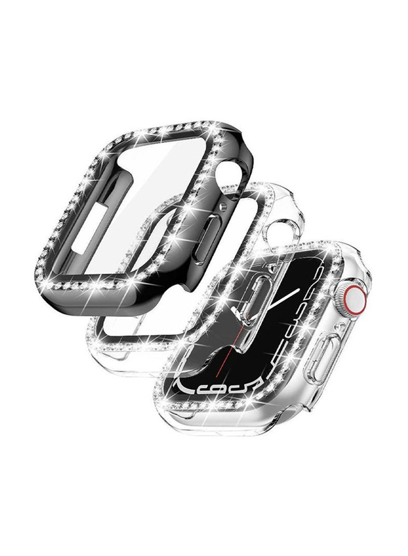 2-Pack Diamond Watch Cover Guard with Shockproof Frame for Apple Watch 45mm, Clear/Black