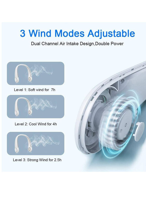 Portable Bladeless 360° Cooling USB Rechargeable Headphone Design Neck Fan Hands Free with 3 Wind Speed for Outdoor Indoor, White