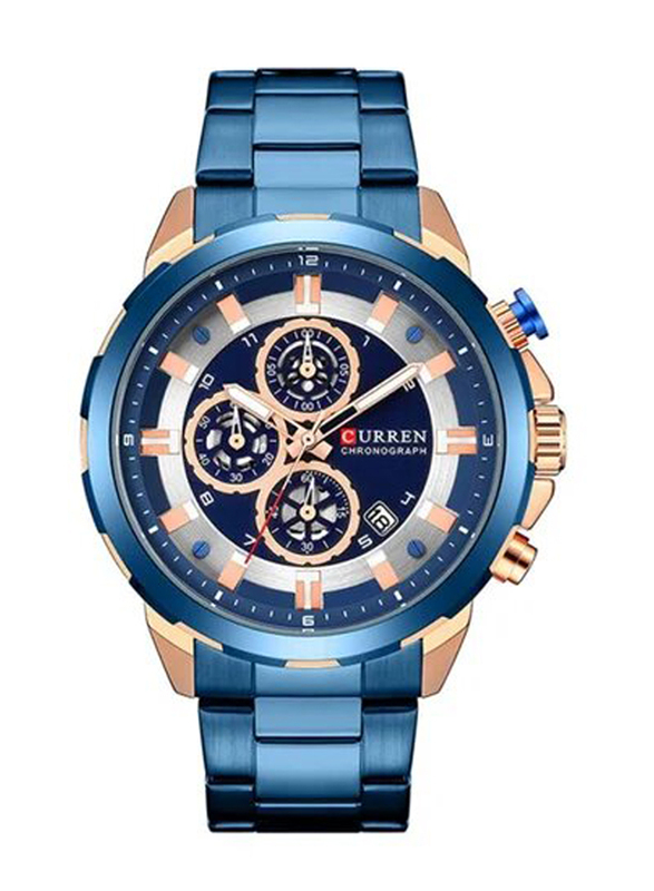 Curren Analog Watch for Men with Stainless Steel Band, Water Resistant and Chronograph, J4172RBL-KM, Blue/Blue