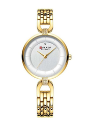 Curren Analog Wrist Watch for Women with Metal Band, Water Resistant, 9052, Gold-White