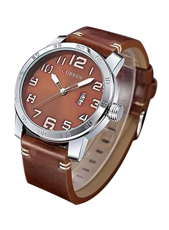 Curren Analog Watch for Men with Leather Band, Water Resistant, 8254, Dark Brown-Brown