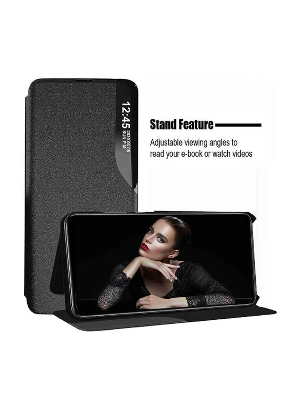 CaseMe Oppo Reno 8 T Protective Windows Smart View Flip Foldable Kickstand Mobile Phone Case Cover, Black