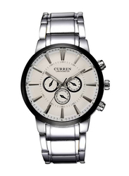 Curren Analog Quartz Casual Business Watch for Men with Metal Band, Water Resistant and Chronograph, J0286, Silver-White
