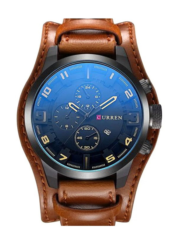 

Curren Analog Chronograph Watch for Men with Leather Band, Water Resistant, 8225, Brown-Blue