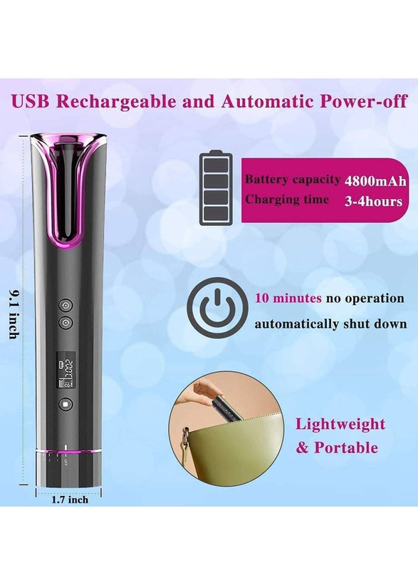 Rabos Cordless Automatic Hair Portable Rotating Curling Wand with LCD Display and Timer, Black