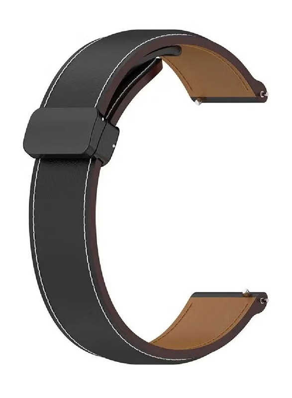 Perfii Genuine Cow Leather Folding Buckle Watch Strap for Huawei Watch 4 Pro / Watch 4 / Watch 3 / Watch 3 Pro 22mm, Black