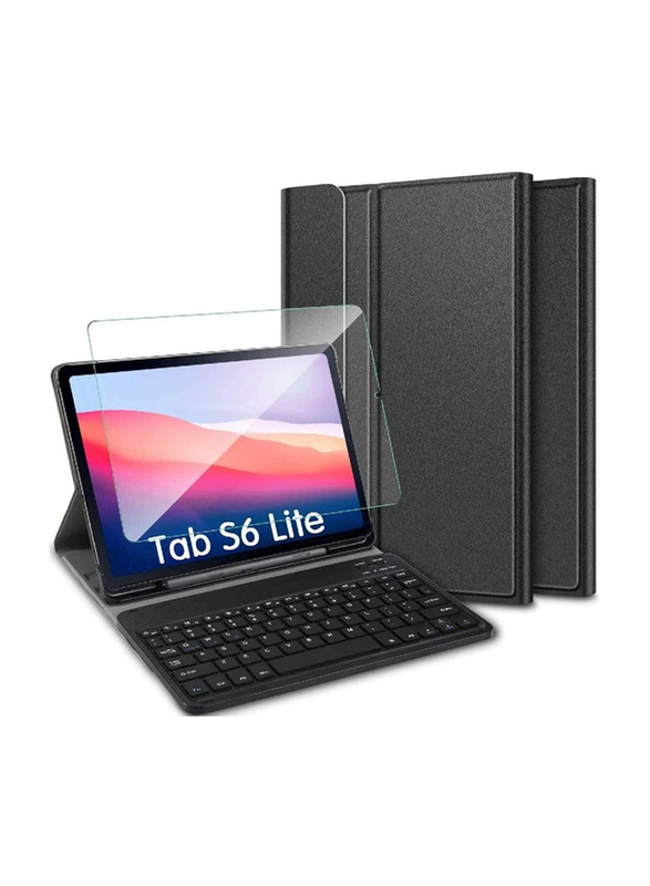 Protective Leather Smart Wireless BT Magnetic Folio Stand Tablet Keyboard Case for Samsung Galaxy Tab S6 Lite 10.4 inch, Black