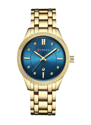 Curren Analog Watch for Women with Alloy, Water Submerge Resistant, 9010, Gold-Blue