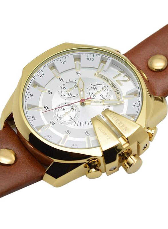 Curren Analog Wrist Watch for Men with Leather Band, WT-CU-8176-GO, Brown-White