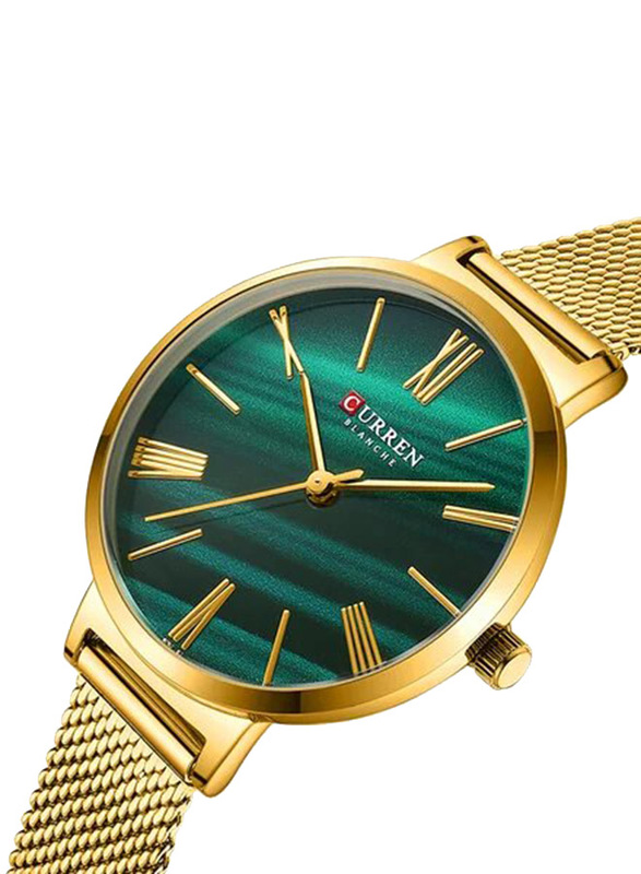 Curren Analog Watch for Women with Stainless Steel Band, Water Resistant, 9076, Gold/Green