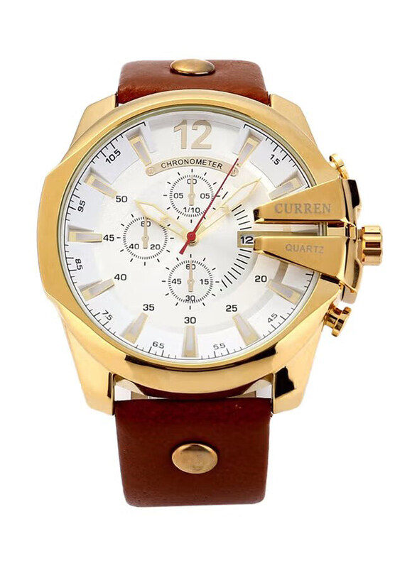 

Curren Analog Watch for Men with Leather Band, Water Resistant and Chronograph, WT-CU-8176-GO#D2, Brown-Gold/White