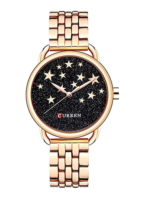 Curren Analog Watch for Women with Stainless Steel Band, Water Resistant, WT-CU-9013-RGO#D1, Gold-Black