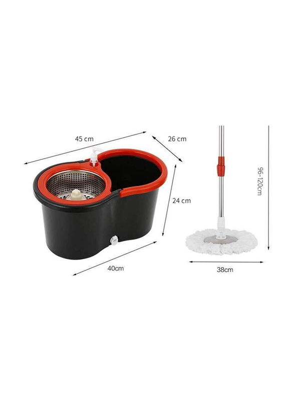 360 degree Spin Rotary Mop Bucket Home Cleaner Extended Easy Press Stainless Steel Handle & Easy Wring Dryer Basket, Black/Red