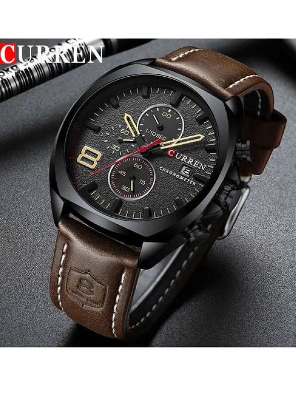 Curren Analog Chronograph Calendar Wrist Watch for Men with Leather Band, Water Resistant, 8324, Brown-Black