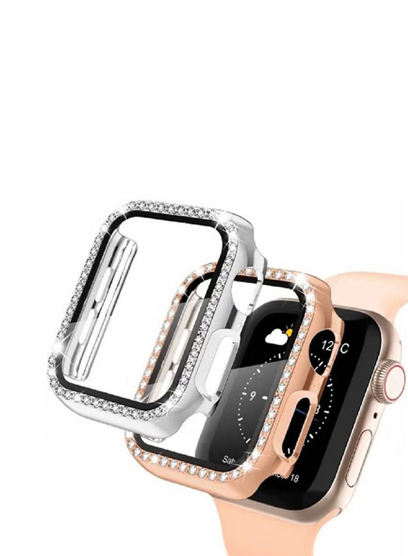 iWatch Protective PC Bling Diamond Crystal Frame Case Cover for Apple Watch Series 7 45mm, 2 Pieces, Silver/Rose Gold