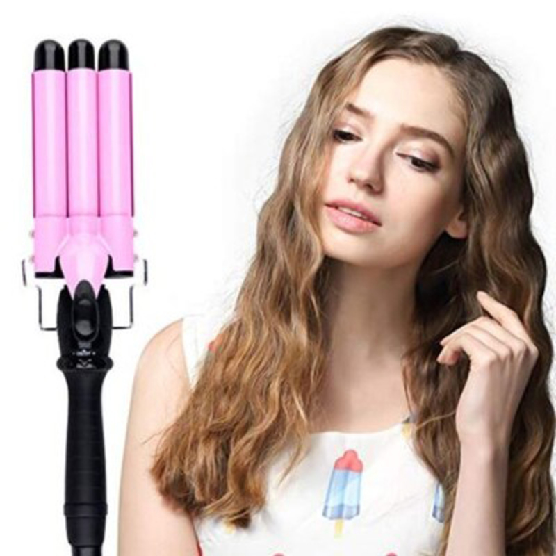 Ckeyin 3 Barrels Curler Ceramic Curling Iron Wand Hair Wavers with LED Display, Black/Pink