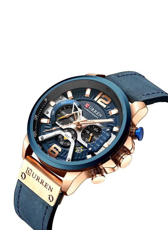 Curren Analog Chronograph Watch for Men with Leather Band, Water Resistant, J313BL, Blue