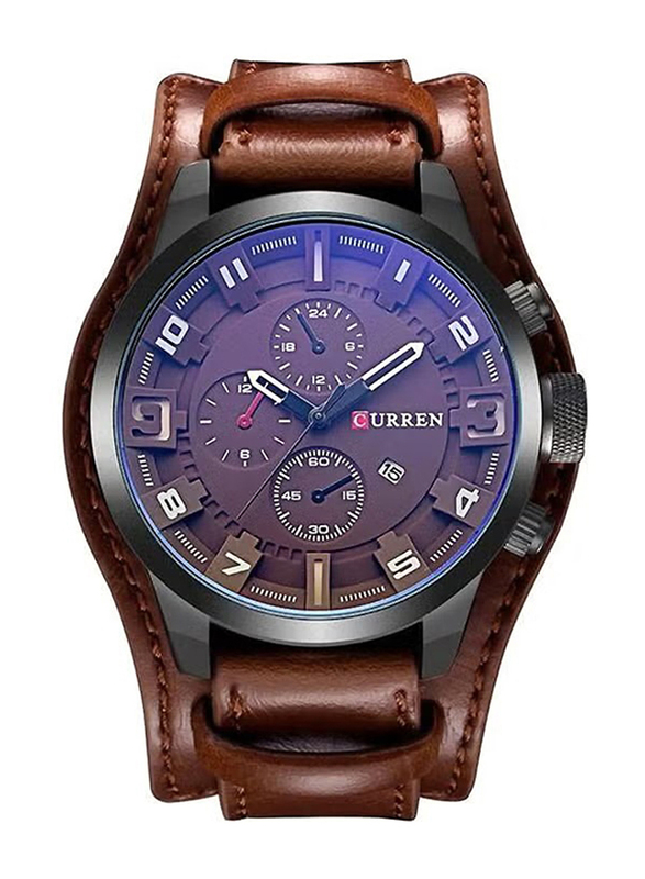 Curren Analog Watch for Men with Leather Band, Water Resistant, 8225, Brown-Blue