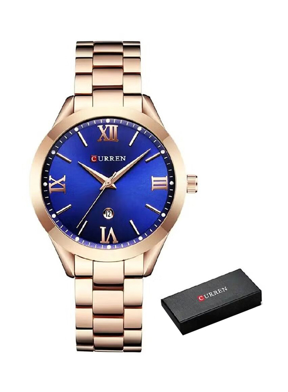 Curren Luxury Analog Watch for Women with Stainless Steel Band & Date Display, Water Resistant, Rose Gold-Blue