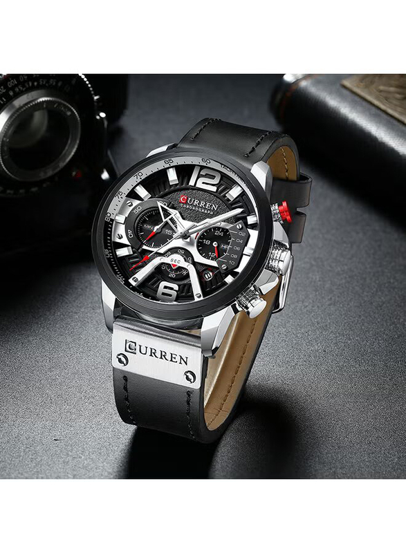 Curren Analog Watch for Men with Leather Band with Date Display, Water Resistant, J381B, Black