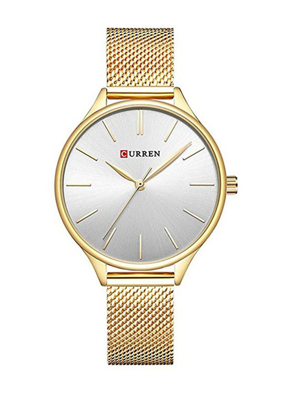 Curren Analog Wrist Watch for Women with Stainless Steel Band, Water Resistant, WT-CU-9024-GO1#D1, Gold-Silver