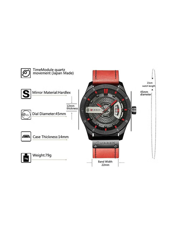Curren Analog Wrist Watch for Men with Leather Band, Water Resistant and Chronograph, 8301, Red-Black