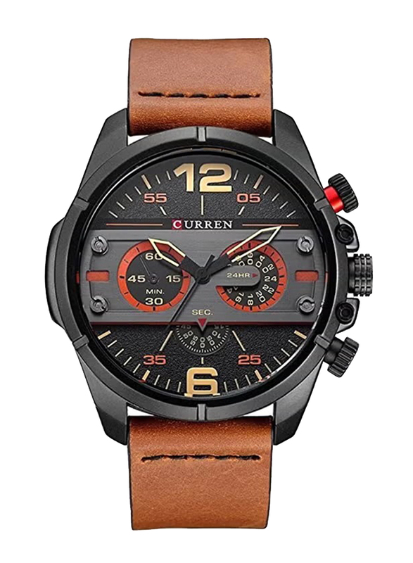 Curren Analog Chronograph Wrist Watch for Men with Leather Band, Water Resistant, 8259, Brown-Black/Grey