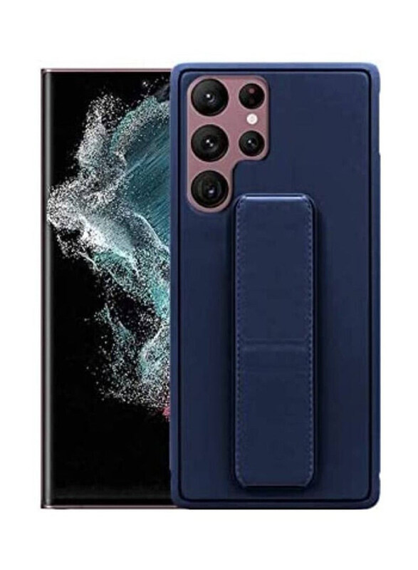 

Generic Samsung Galaxy S22 Ultra 5G Premium Quality Silicone Slim Kick Back Stand Grip Mobile Phone Case Cover With Wrist Strap, Blue