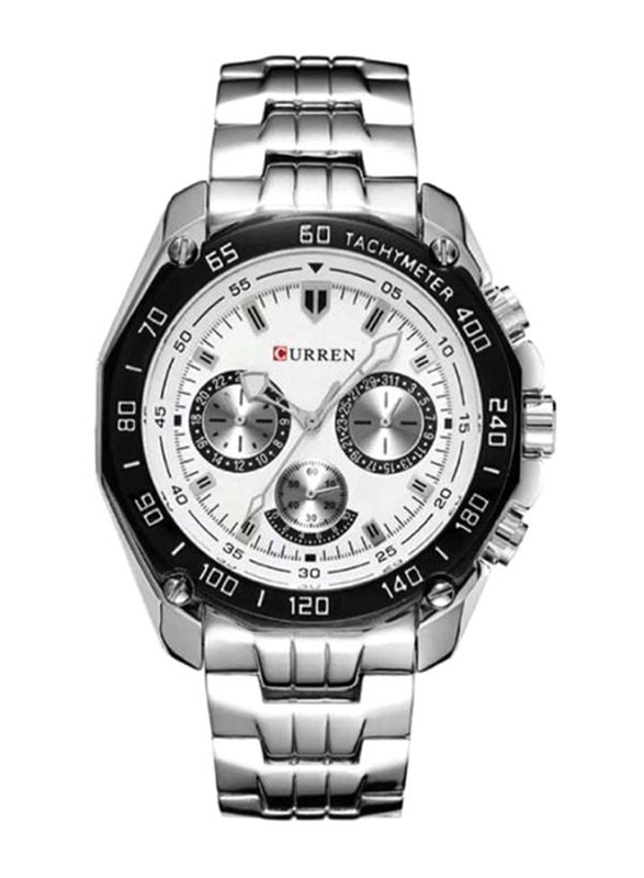 Curren Analog Watch for Men with Stainless Steel Band, Water Resistant and Chronograph, 8077, Silver-White