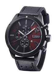 Curren Analog Quartz Wrist Watch for Men with Leather Band, Water Resistant, 8243, Black-Black/Dark Red