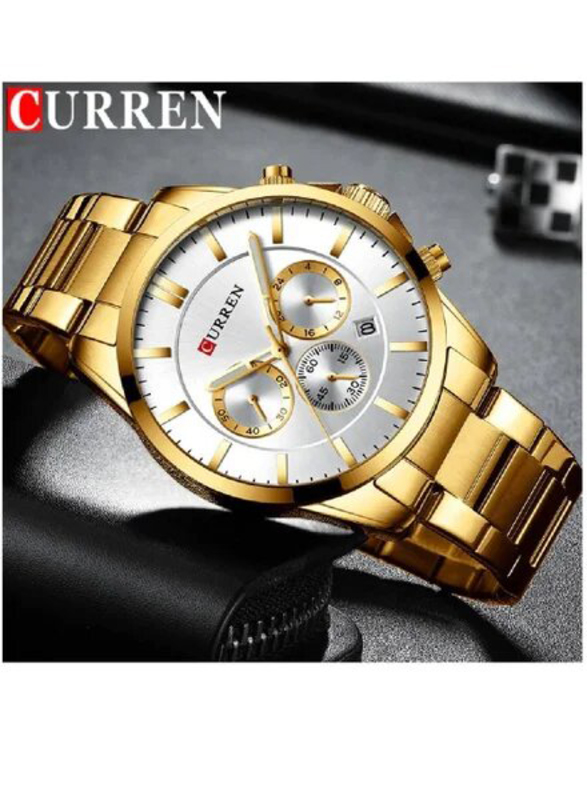 Curren Analog Watch for Men, Water Resistant and Chronograph, 8358, Gold/White