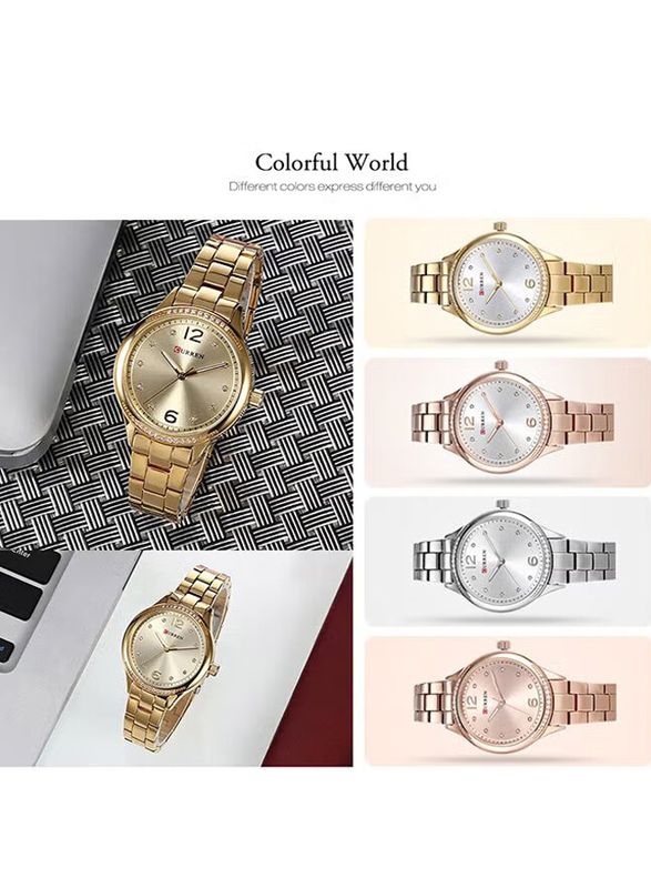 Curren Analog Watch for Women with Stainless Steel Band, Water Resistance, WT-CU-9003-GO1, Gold-Silver
