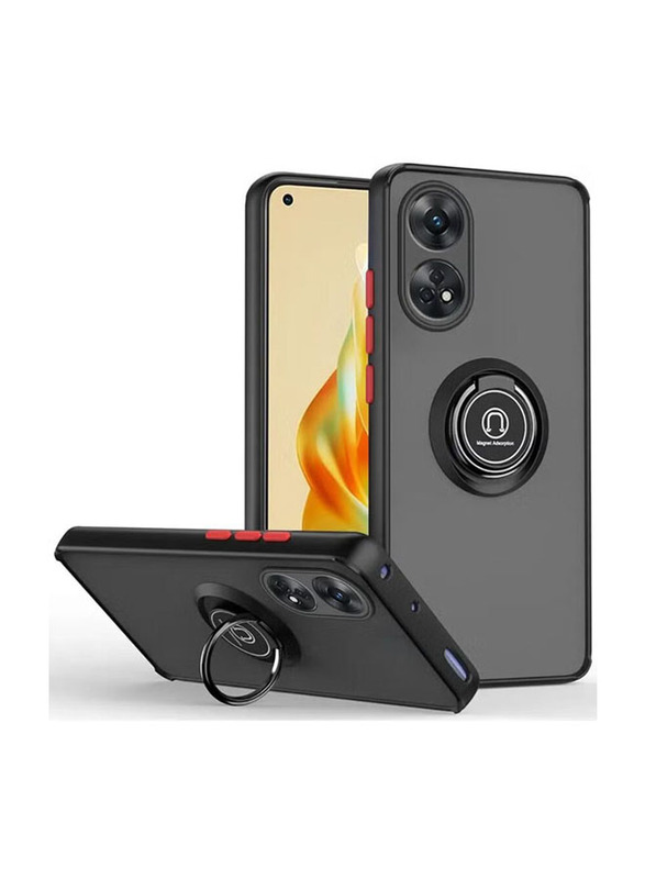 Olliwon OPPO Reno 8T 4G Protective Shockproof Metal Ring Holder Grip Kickstand with Car Magnetic Mount Matte Back Mobile Phone Case Cover, Black