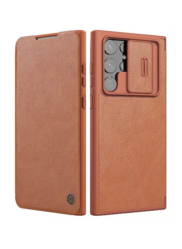 Nillkin Samsung Galaxy S22 Ultra Qin Series Leather Case with Slide Camera Protection Mobile Phone Case Cover, Brown