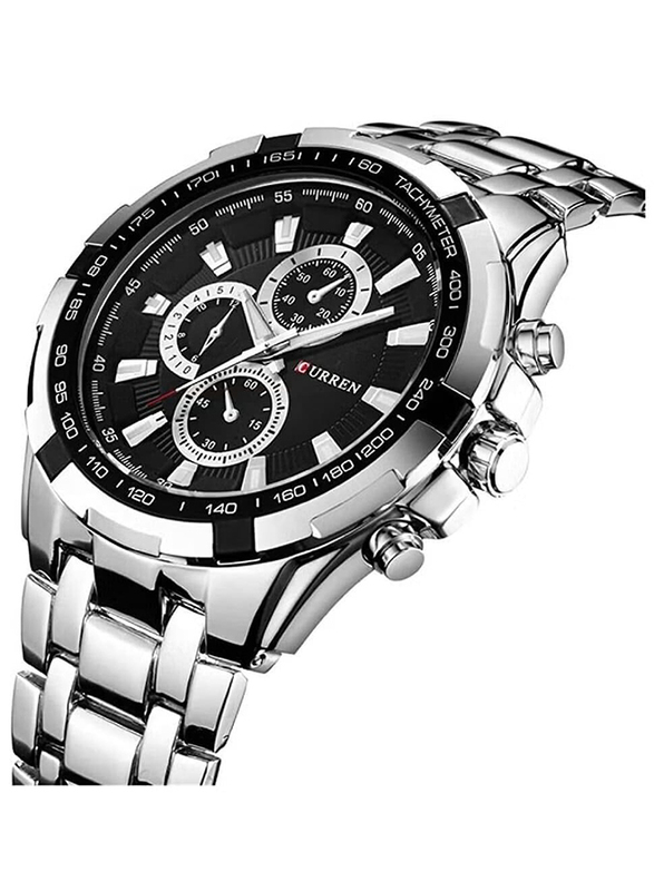 Curren Fashion Analog Watch for Men with Stainless Steel Band & Chronograph, Water Resistant, Silver-Black
