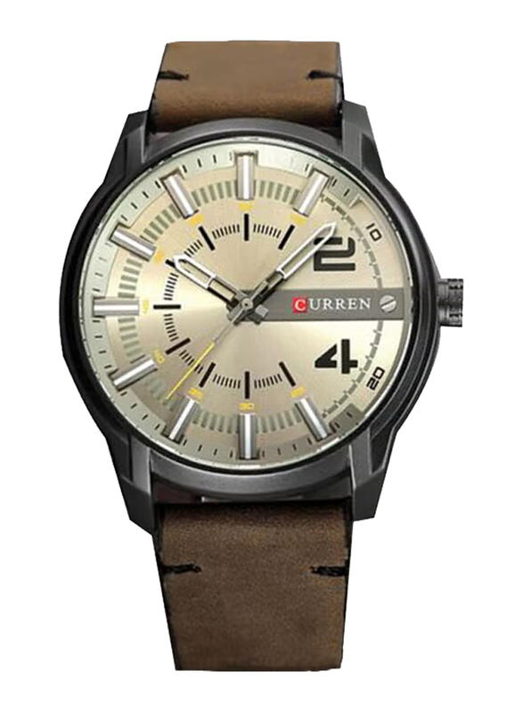 Curren Analog Quartz Watch for Men with Leather Band, 1J3111GYW, Brown-Grey