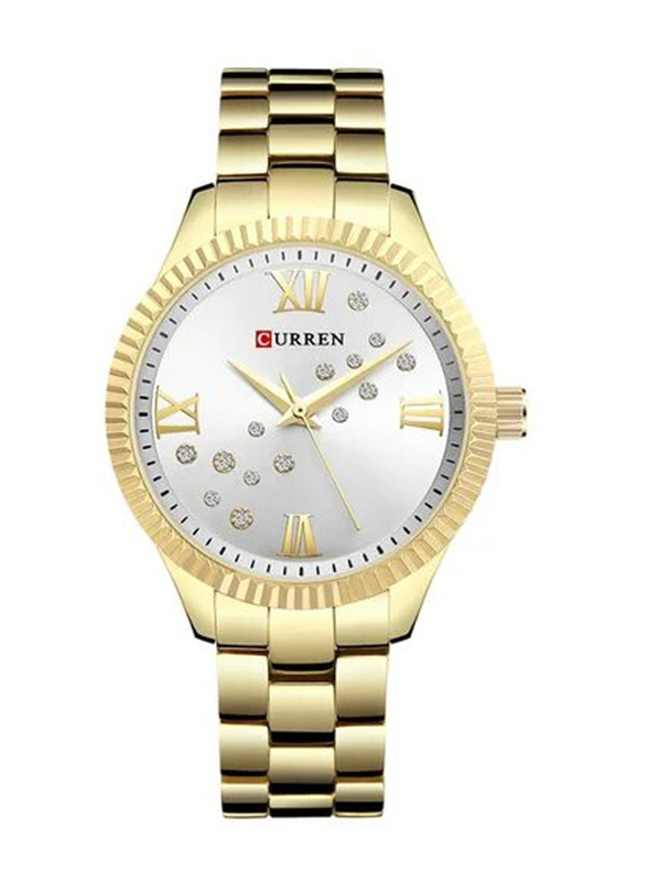 Curren Analog Watch for Women with Alloy Band, 9009, Gold/White