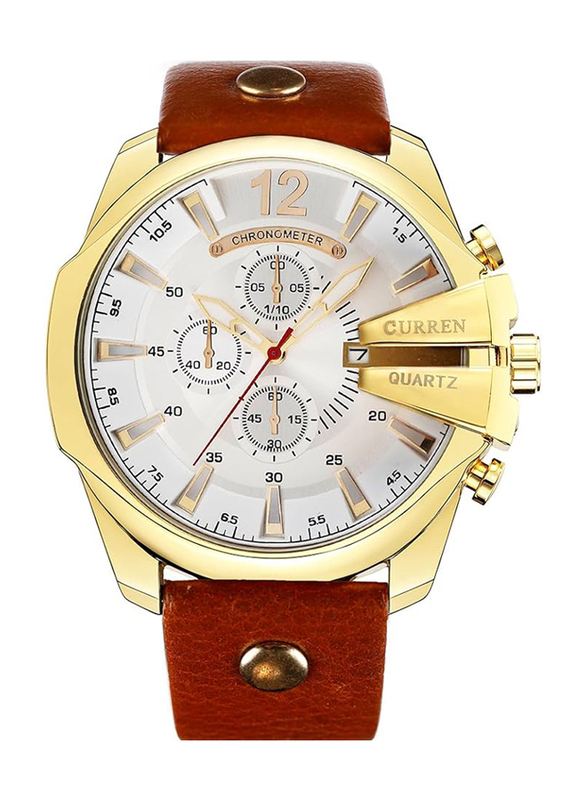 Curren Analog Watch for Men with Leather Band, Water Resistant and Chronograph, 8176, White-Brown