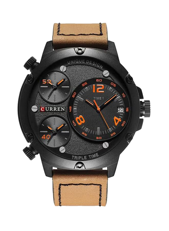 Curren Analog Watch for Men with Leather Band & Chronograph, Water Resistant, WT-CU-8262-O2, Brown-Black