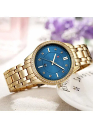 Curren Analog Watch for Women with Stainless Steel Band, Water Resistant, 9010, Gold-Turquoise