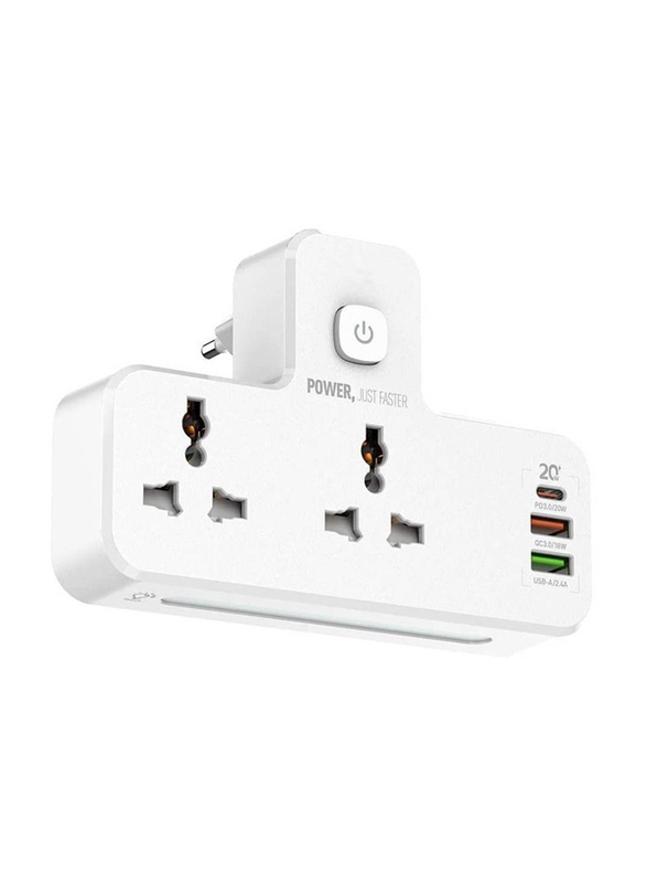 XiuWoo 2 Way Plugs Extension Multi Sockets Wall Charger Adapter with 1 USB-C & 2 USB Slots PD & QC3.0 Power Socket, White