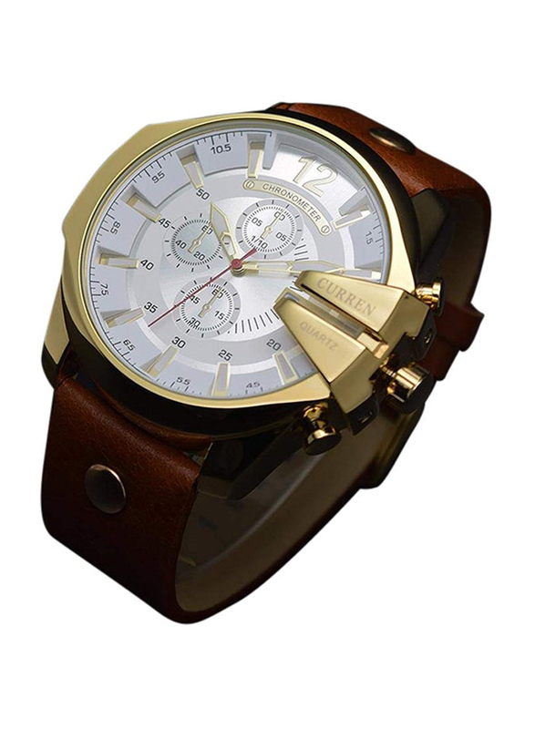 Curren Renewed Analog Watch for Men with Leather Band, WT-CU-8176-GO, Brown-White