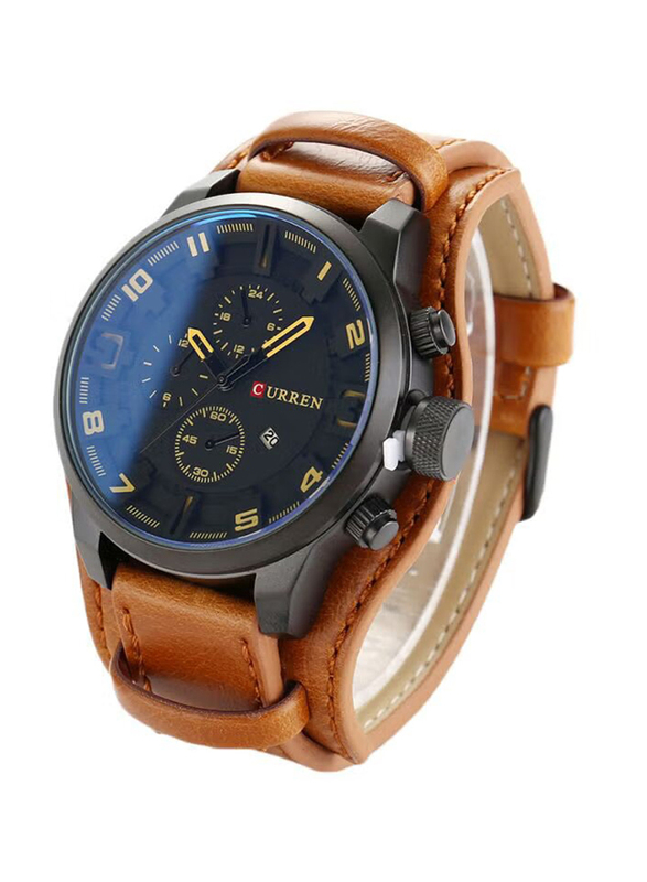 Curren Analog Quartz Watch for Men with Leather Band, Water Resistant, J317CA1, Camel-Black