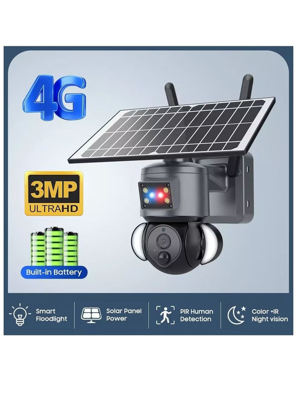 Arabest Solar Powered Battery 3MP 2K Floodlight 4G/Wi-Fi PTZ Camera, Black