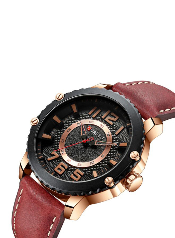 Curren Analog Watch for Men with Leather Band, Water Resistant, J3991R-KM, Maroon-Black
