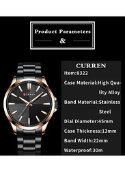 Curren Analog Watch for Men with Stainless Steel Band, Water Resistant, 8322, Black/Black