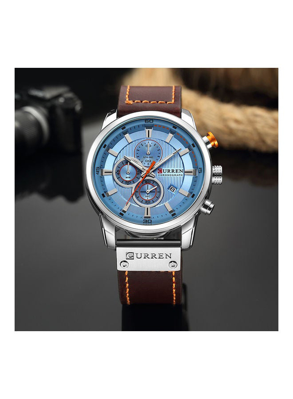 Curren Analog Watch for Men with Leather Band, Chronograph, J3591-2-KM, Brown-Blue