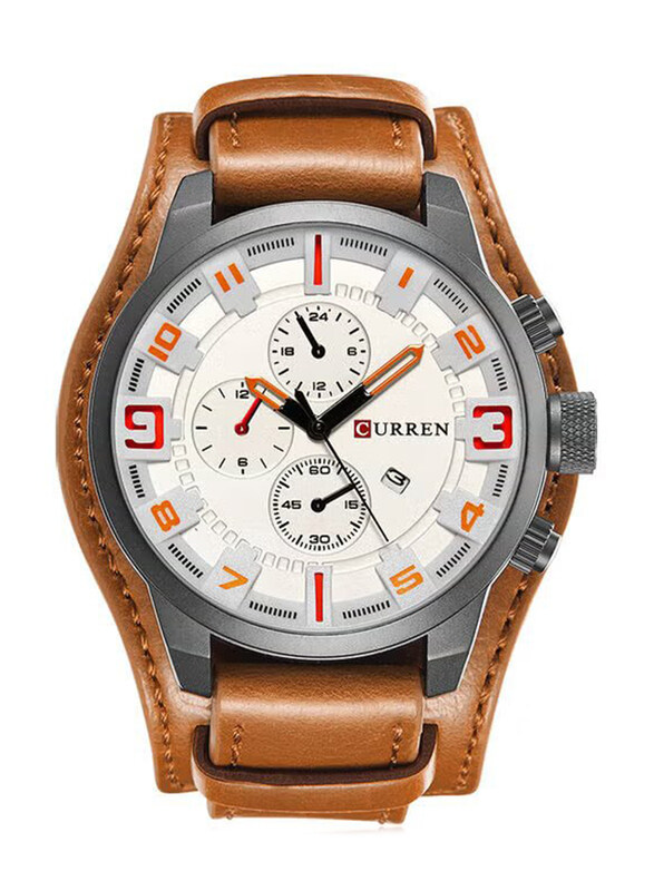 

Curren Analog Watch for Men with Leather Band, J3617CA2-KM, Brown-White/Red