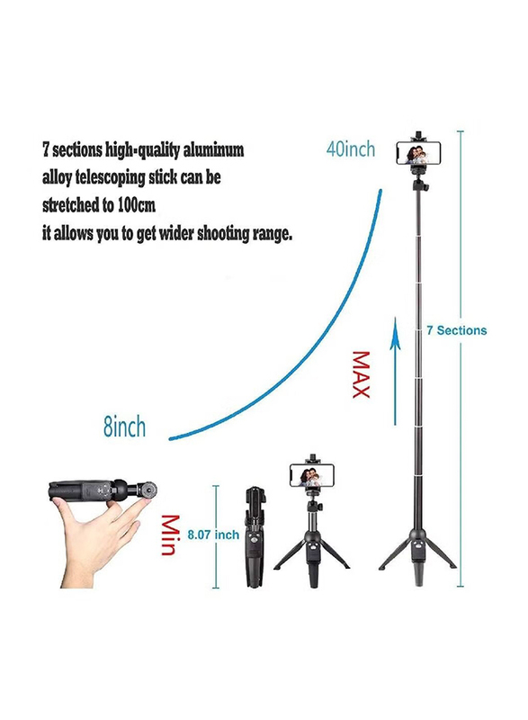 K20 Integrated Tripod Bluetooth 4.0 Wireless Selfie Stick for Smart Phone, Black